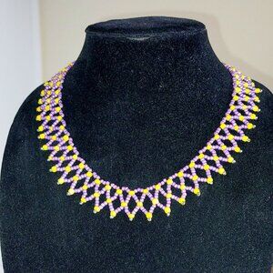 19" Choker style necklace of netted beads in purple and yellow